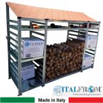 Legnaia Modulare Italfrom In Acciaio Zincato Con Staffe A Parete - Con 7 Ripiani Portaoggetti - Modulo Iniziale - cm L218(M1=60 + M2=98 + M3=60)Xp60xh200 Tetto Rosso