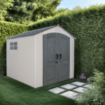 Casetta in resina HDPE, imitazione rivestimento, grande volume, con pavimento e tetto a doppia falda 2,10 mx 2,10 m, 4,40 m²