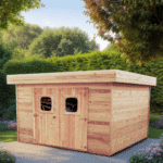 casetta tavole a collegamento angolare , 28 mm, in legno douglas, senza pavimento, copertura tetto lamiera acciaio, garanzia 5 anni 3,0 x 3,0 m   -   peso 620kg ; h 2,35m