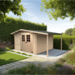 casetta tavole ad  incastro, 28 mm, senza pavimento, tettoia laterale3,30 x 3,0m + tettoia - totale 4,40 x 3,04 m