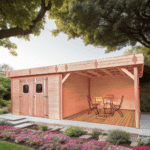 casetta tavole a collegamento angolare , 28 mm, in legno douglas, senza pavimento +  tettoia laterale, copertura tetto lamiera acciaio, garanzia 5 anni 3,0 x 5,75 m  -  peso 830kg ; h 2,35m