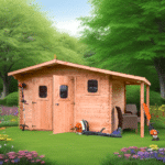 Casetta tavole ad incastro spessore 28mm, senza pavimento, in legno douglas +  tettoia laterale, garanzia 5 anni 3,50 x 3,50 m  +1m  - peso 830kg ; h 2,42m