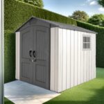 Casetta in resina HDPE simil legno, grande volume, con pavimento e tetto a doppia falda 2,10 mx 2,10 m, 4,40 m²