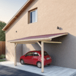 Tettoia  1 posto auto - spiovente singolo 12° = 21% travicelli legno massello, tegole canadesi  colori: verde, rosso, nero 3,00 x 3,62 m  3,25 x 5,00 x 3,19m