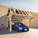 Tettoia  asimmetrica, pali 16x16 cm - h passaggio 2,20 m 3,50 x 3,50 m 3,90 x 5,05 x 3,63 m