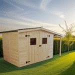 casetta a pannelli 16 mm, con pavimento e tettoia laterale 2,40 x 1,60 m - totale 3,36 x 1,60 m