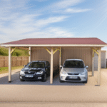 Tettoia  2 postI auto - spiovente singolo 12° = 21% travicelli legno massello, tegole canadesi  colori: verde, rosso, nero 3,90 x 5,86 m 4,50 x 6,32 x 3,38 m  peso kg 1.100