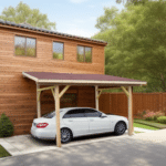 Tettoia  1 posto auto - spiovente singolo 12° = 21% travicelli legno massello, tegole canadesi  colori: verde, rosso, nero 3,00 x 3,62 m  3,25 x 5,00 x 3,08m  peso kg 700