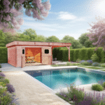 casetta tavole a collegamento angolare , 28 mm, in legno douglas, senza pavimento, copertura tetto lamiera acciaio + tettoia laterale, garanzia 5 anni 3,70 x 6,76 m - peso 1.040kg ; h 2,35m