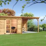 casetta tavole a collegamento angolare , 28 mm, senza pavimento, con tettoia laterale. Tetto mono pendenza (2°) con t lastre OSB 12mm rivestite con tegole canadesi  3,0 x 3,0m + tettoia - totale 5,97 x 3,0 m