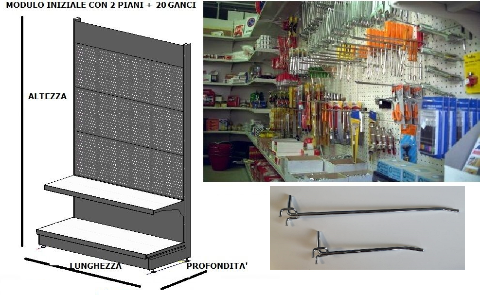 zoom_8790-0-63415148.png z MODULO CONTINUATIVO Scaffale murale per blister L 101, H 250 , Prof. 50 CM, base + 1 ripiano 20 ganci - immagine 1