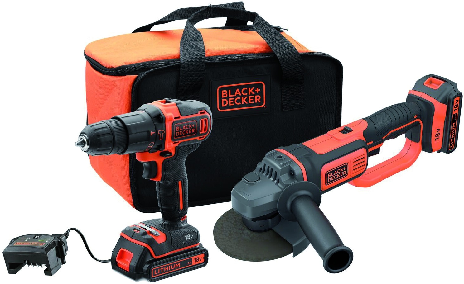 602404.jpg Black+Decker KIT TRAPANO AVVITATORE PERCUSSIONE+SMERIGLIATRICE BCK24D2S-QW 18V 2 batterie 2,0 Ah - immagine 1