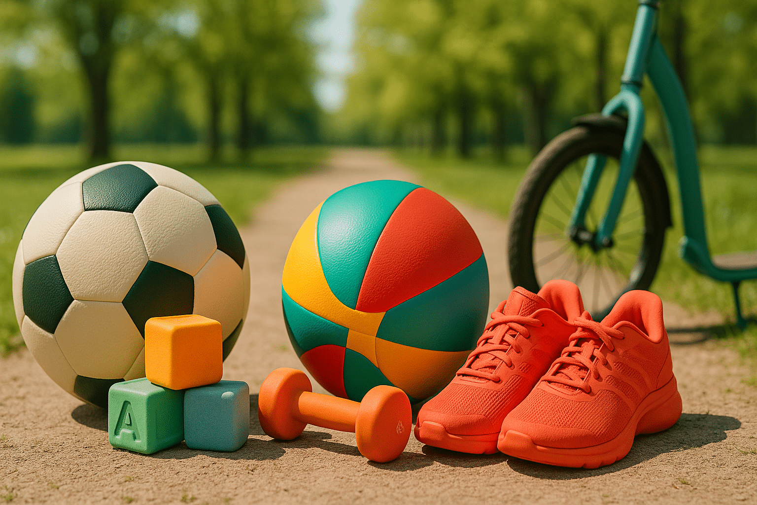 Banner categoria Sport e Tempo Libero con palla da calcio, palla colorata, cubetti giochi, pesetti fitness e bici in un parco