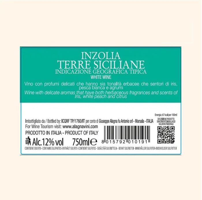 Etichetta del Vino Inzolia Sicilia IGP Inarì bianco siciliano