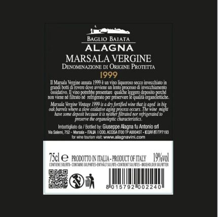 Etichetta retro della bottiglia di Marsala Vergine 1999 Alagna Vini - vino liquoroso secco DOP di Marsala