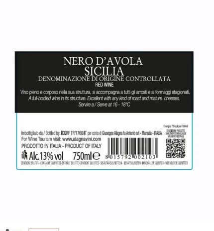 Etichetta del vino rosso Nero d’Avola Nearì Sicilia DOC di Alagna Vini, vino corposo e strutturato.