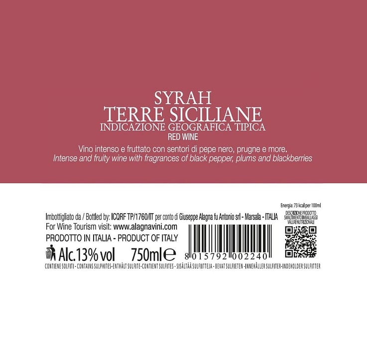 Etichetta Syrah Siarì Terre Siciliane IGT Alagna Vini Etichetta del Syrah Siarì Terre Siciliane IGT Alagna Vini – Vino Rosso Siciliano