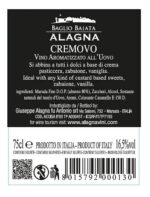 Etichetta Cremovo Alagna, vino aromatizzato dolce siciliano a base di Marsala, zucchero e uovo.