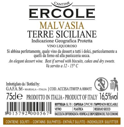 Etichetta retro Malvasia Cantine Ercole 75cl vino liquoroso dolce IGP Terre Siciliane
