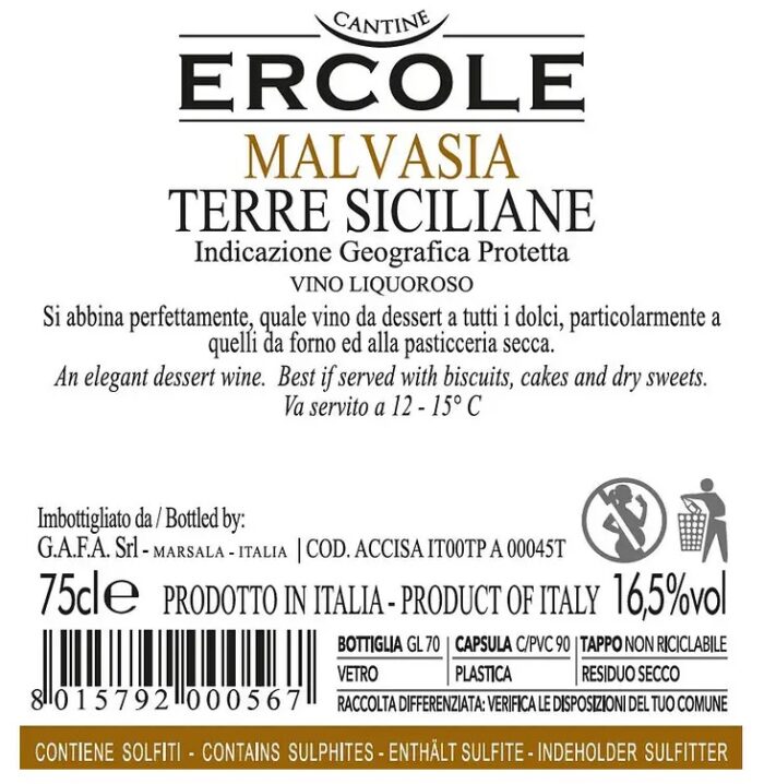 Etichetta retro Malvasia Cantine Ercole 75cl vino liquoroso dolce IGP Terre Siciliane