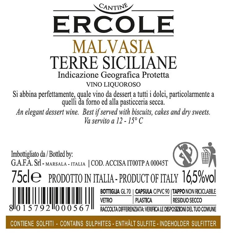 Etichetta Malvasia Cantine Ercole 75cl – Dettagli tecnici IGP Terre Siciliane Etichetta retro Malvasia Cantine Ercole 75cl vino liquoroso dolce IGP Terre Siciliane