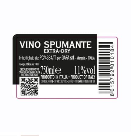 Etichetta del Riri Spumante Extra Dry Wine Alagna con informazioni tecniche e valori nutrizionali