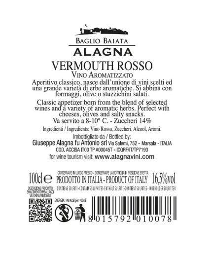 Etichetta Vermouth Rosso vino aromatizzato dolce Sicilia