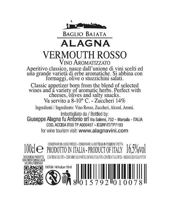 Etichetta Vermouth Rosso 1L Alagna Etichetta Vermouth Rosso vino aromatizzato dolce Sicilia