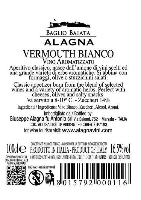 Etichetta Vermouth Bianco 1L Alagna Etichetta Vermouth Bianco vino aromatizzato Sicilia
