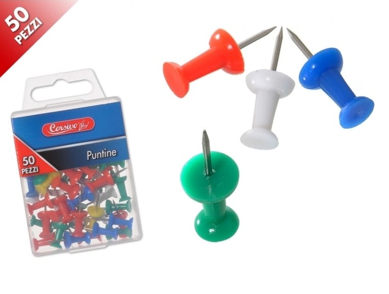 zoom_13768-0-59d7b5e4.jpg SPILLI PUNTINE PUNES CARTOGRAFICI CON GAMBO IN ACCIAIO SCATOLINO 50 PZ COLORI ASSARTITI - immagine 1