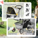 Passeggino per Cani Pieghevole con Portabicchieri e Cestino, in Acciaio e Poliestere, 75x45x97 cm, Grigio - immagine 6