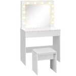 Postazione Trucco, Toeletta Trucco con Specchio, 12 Luci LED, Sgabello Imbottito e Ampio Cassetto in Legno, 80x40x140 cm, Bianco