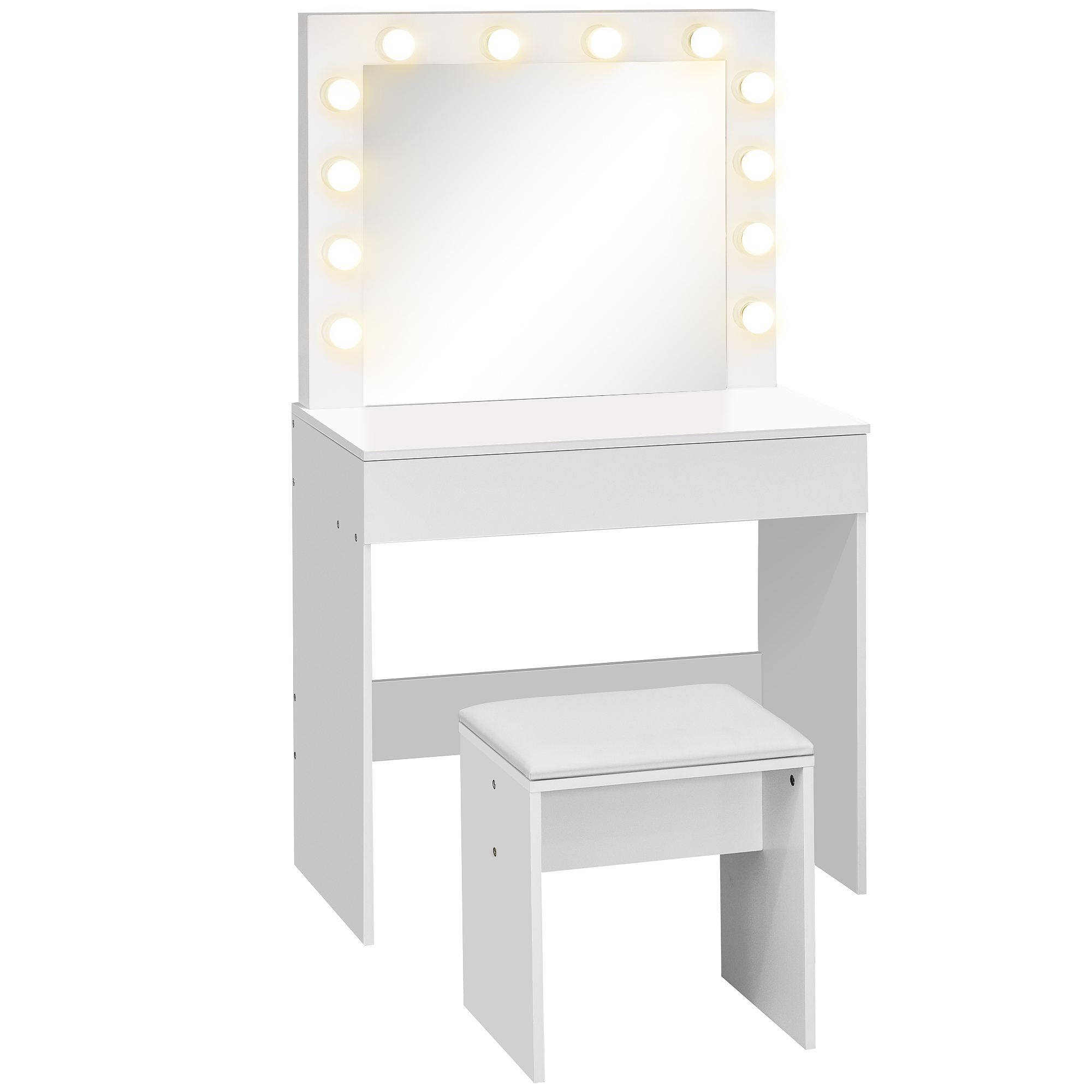 2QW99219b49eda58d.jpg Postazione Trucco, Toeletta Trucco con Specchio, 12 Luci LED, Sgabello Imbottito e Ampio Cassetto in Legno, 80x40x140 cm, Bianco - immagine 1