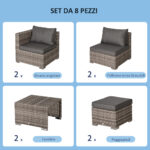 Salotto da Esterno in Rattan PE da 8 Pezzi, Set Mobili da Giardino Salvaspazio con Poltrone, Tavolini e Sgabelli, Grigio - immagine 4