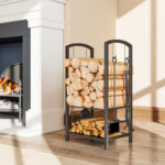 Potalegna per Camino in Acciaio, Scaffale per legna da ardere con Set Attrezzi, con Paletta, Scopa, Attizzatoio e Pinza, Nero | Aosom Italy - immagine 9