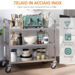 Carrello da Cucina 3 Ripiani Aperti 4 Ruote Omnidirezionali con 2 Freni Cuscinetti Anti-Collisione in Acciaio Inossidabile 430 Argento 90,5x50,5x88,2cm - immagine 7