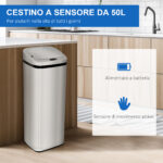 Cestino Spazzatura da 50L con Sensore, Pattumiera Intelligente con Apertura e Chiusura Automatica, Bidone per Rifiuti in Acciaio, 33x25x84 cm, Argento - immagine 4