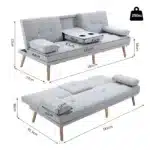 Divano Letto 3 Posti Stile Scandinavo Reclinabile con Tavolino a Ribalta, 181x77x88 cm, Grigio - immagine 3