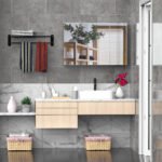 Specchio Bagno Contenitore con 3 Ante a Specchio Soft Close, Specchiera Bagno con Ripiani Regolabili in Legno e Vetro, 90x13,5x60 cm, Color Legno - immagine 2