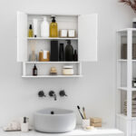 Mobiletto Armadietto a Muro con Specchio da Bagno Cucina in MDF 56 x 13 x 58cm Bianco - immagine 8