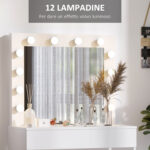 Postazione Trucco, Toeletta Trucco con Specchio, 12 Luci LED, Sgabello Imbottito e Ampio Cassetto in Legno, 80x40x140 cm, Bianco - immagine 5