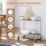 Carrello Cucina 2 Ripiani, Carrello con Ruote Portatutto, Carrello Portavivande in Acciaio Inox, 80x45x82cm, Argento - immagine 4