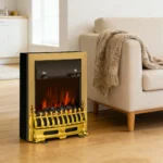 Camino Elettrico da Terra 10/20 W Effetto Fiamma LED, Caminetto Elettrico con Protezione da Surriscaldamento e Ribaltamento, Riscaldamento Regolabile, Oro - immagine 4