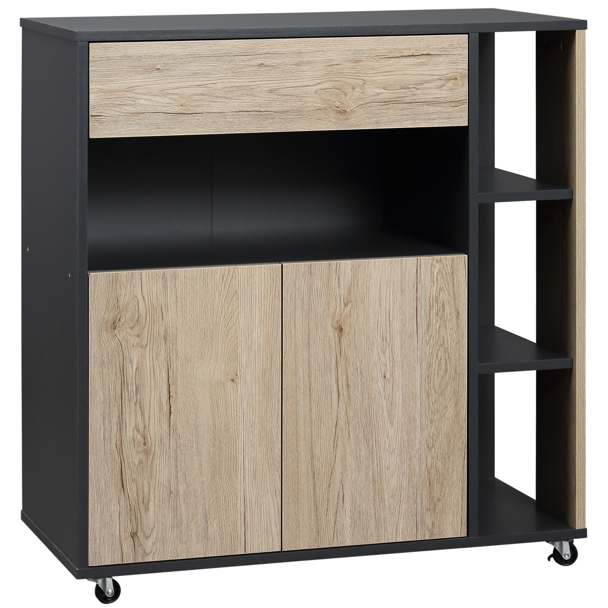 E3Q9b1194949cffe0.jpg Carrello da Cucina Multiuso con Cassetto, Armadietto e Scaffale, 80x39x86,5cm, Legno e Nero - immagine 1