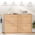 Scarpiera Ingresso Salvaspazio Slim con 4 Ante a Ribalte, Mobile Scarpiera Moderna per 24 Paia di Scarpe con Ripiani Regolabili, Portascarpe in Legno, 120x24x81cm, Color Legno - immagine 7