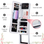 Armadio Portagioie Portagioielli con Specchio Regolabile e Illuminazione LED, Legno, Bianco, 30x146x36 cm - immagine 7