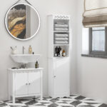 Mobiletto del Bagno a Torre 3 Ripiani Regolabili su 3 Livelli e 1 Ampio Armadietto Inferiore Manopole sull'Anta MDF Bianco 40x23x160cm - immagine 2