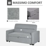 Divano Letto a 1 Piazza in Tessuto, Seduta 2 Posti e Schienale a 3 Reclinazioni, 154x87x89cm - immagine 6