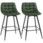 Set 2 Sgabelli da Bar con Schienale e Poggiapiedi Stile Nordico in Metallo e Velluto, Verde, 45x47x84cm
