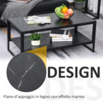 Tavolino da Caffè Nero, Tavolino Effetto Marmo con Ripiano Inferiore, da Soggiorno o Ufficio, Design Moderno, Telaio in Acciaio, 106x50x45cm, Nero - immagine 5